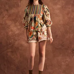 VERB BY PALLAVI SINGHEE Floral Print Pure Cotton Top With Shorts Co-Ords-image-11