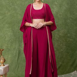 KASYA Embroidered Round-Neck Ethnic Crop Top With Palazzo & Shrug-image-11
