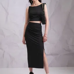 Tokyo Talkies Black Ribbed Shoulder Straps Top With Flared Split Skirt-7