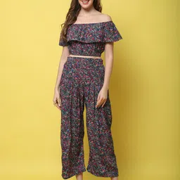 DOOR74 Floral Printed Off Shoulder Cropped Top With Palazzo-picture-3