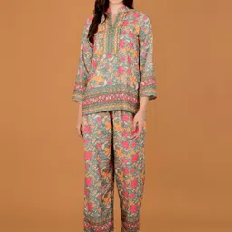 Boholyfe Garden Glow Floral Printed Mandarin Collar Top With Trousers-image-41