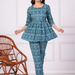 Vastralay Floral Printed Pure Cotton Peplum Top & Trousers-picture-15