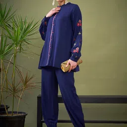 Shae by SASSAFRAS Blue Embroidered Shirt With Palazzos Co-Ords-picture-44