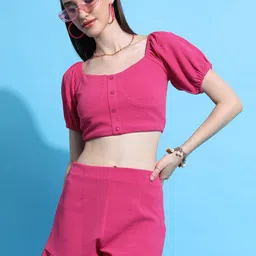 Tokyo Talkies Pink Puff Sleeves Crop Top With Shorts-image-61