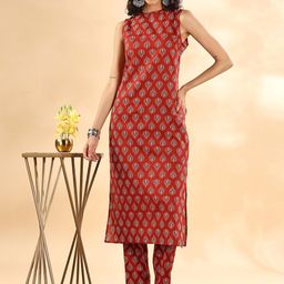 Anouk Maroon Ethnic Motifs Printed Mandarin Collar Pure Cotton Kurta With Trouser-image-82