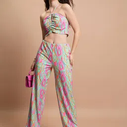 Tokyo Talkies Abstract Printed Ruched Halter Top & Wide Leg Trousers-image-16