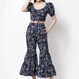 BLANC9 Women Blue Co-Ord Set With Puffed Sleeve Top And Printed Flared Trouser-picture-28