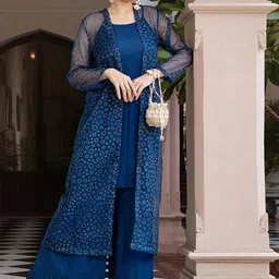 Ambraee Women Navy Blue Layered Kurta with Palazzos-image-26