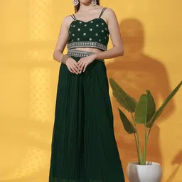 Chhabra 555 Sequin Embroidered Shoulder Straps Crop Top with Palazzo & Shrug & Dupatta-image-95
