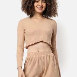 Campus Sutra Women Beige Solid Cropped Cotton Co-Ords-image-32