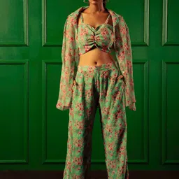 Urban Sundari Floral Printed V-Neck Top With Flared Palazzo With Shirt Co-Ords-12