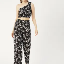 Moomaya Printed One Shoulder Crop Top With Palazzo-image-93