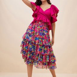 Antheaa Pink and Green Printed Top With Frilled Skirt-image-70