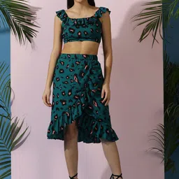 Kotty Green Floral Printed Sleeveless Top With Skirt-image-69