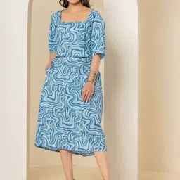 FEATHERS CLOSET Printed Square Neck Pure Cotton Top With Skirt-image-17
