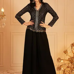 indo street Embellished V-Neck Top With Palazzos-image-93