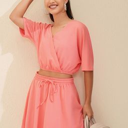 Tokyo Talkies Pink V-Neck Crop Top With Mini Skirt-picture-12