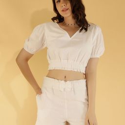 NUEVOSDAMAS Embroidered Schiffli Puffed Sleeves Pure Cotton Top With Shorts-picture-15