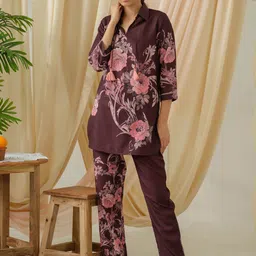 Ishin Printed Shirt Collar Linen Tunic With Trousers-picture-53