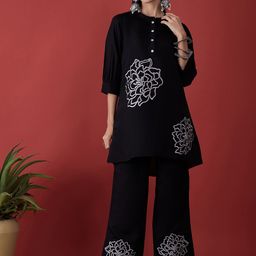 Anouk Black Floral Embroidered Mandarin Collar Tunic With Trousers Casual Co-Ords-picture-2