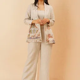 KALPRAAG Mirabella Printed Crop Pure Linen Top With Shawl Collar Jacket & Trousers-picture-18