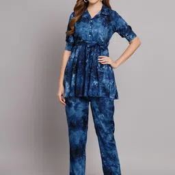 KALINI Tie & Dye Printed Notched Lapel Collar Top with Trousers-2