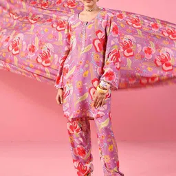 KARAJ JAIPUR Printed Round Neck Tunic & Trousers-image-60