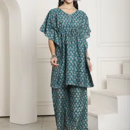KALINI Ethnic Motifs Printed V-Neck Short Sleeves Kaftan Kurti With Palazzos-10