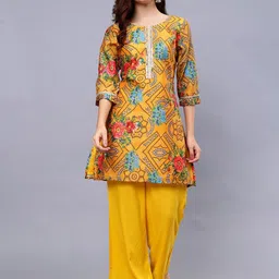 Frolic Rolic Mustard Silk Blend Floral Print Tunic & Rayon Solid Trouser Set-picture-38