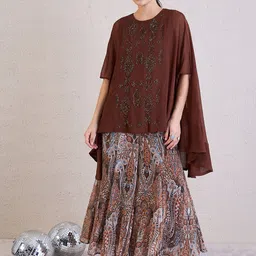 Antheaa Brown Embellished Round Neck Short Sleeves Top & Palazzos-image-68