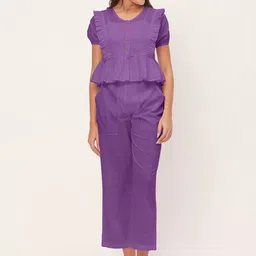 Moomaya Round-Neck Pure Cotton Ruffles & Flounces Top With Trouser-48