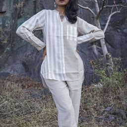 Kaftanize Striped Mandarin Collar Linen Shirt With Trousers-image-85