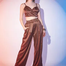 STREET 9 Sweetheart Neck Shoulder Straps Satin Casual Crop Top With Palazzos & Blazer-picture-21