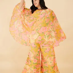 Antheaa Curve Plus Size Floral Printed High Neck Flared Sleeves Knoted Tunic With Palazzos-image-17