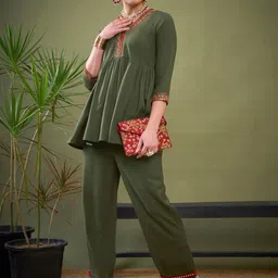 Shae by SASSAFRAS Olive Green Embroidered Peplum Top With Palazzos Co-Ords-picture-44