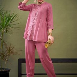 Shae by SASSAFRAS Pink Embroidered Round Neck Ethnic Shirt with Flared Palazzo-image-63