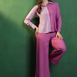 Sangria Purple Embroidered Shirt Collar Shirt & Palazzo-22