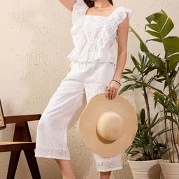 SASSAFRAS White Self Design Pure Cotton Schiffli Top & Palazzos-image-55