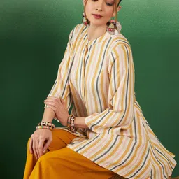 Sangria Striped Pure Cotton Mandarin Collar Tunic With Palazzos-image-52