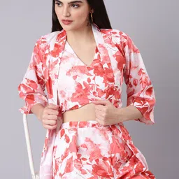 SHOWOFF Floral Printed Sleeveless V-Neck Top With Jacket & Flared Palazzos-picture-0