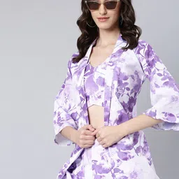 SHOWOFF Floral Printed V-Neck Top With Jacket & Palazzos-picture-16