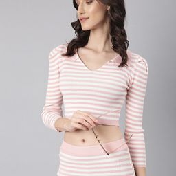 SHOWOFF Striped V-Neck Top With Skirt-image-48