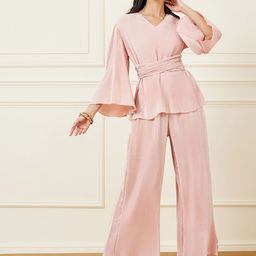 Styli Pink Ribbed Waist Tie Up Detail Top With Flared Trousers Co-Ords-image-74