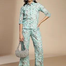Saanjh Blue Printed Shirt With Trouser Co-Ords-picture-37