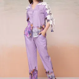 Bannos Swagger Purple Printed Tie-Up Sleeves Shirt With Trouser-picture-46