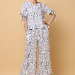 BLACK & BLAH BLAH Geometric Printed Relaxed Fit Puff Sleeve Top With Trousers-12