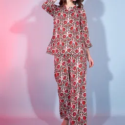 DressBerry Red Floral Printed Notched Neck Top With Trousers-58