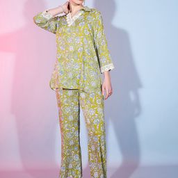 DressBerry Green Floral Printed Shirt Collar Top With Trouser-picture-17
