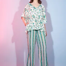 DressBerry White & Green Floral Printed kaftan Top With Trousers-picture-14