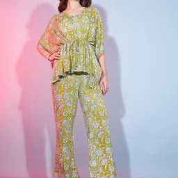 DressBerry Olive Green Floral Printed V-Neck Kaftan Top With Trouser-30